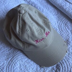 Women’s Beige Cap with Pink “Kiss Me” Embroidery